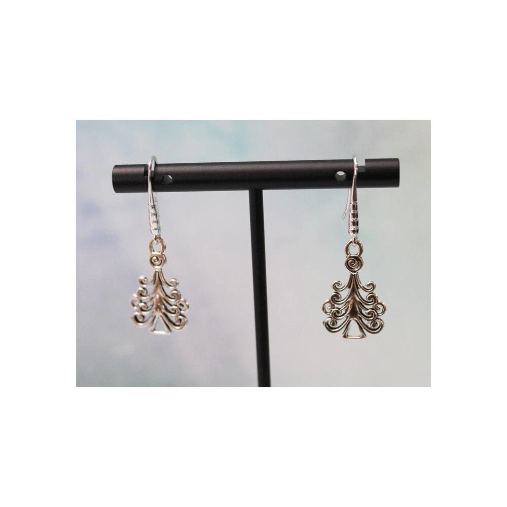 Silver Toned Christmas Tree Drop Earrings E 138